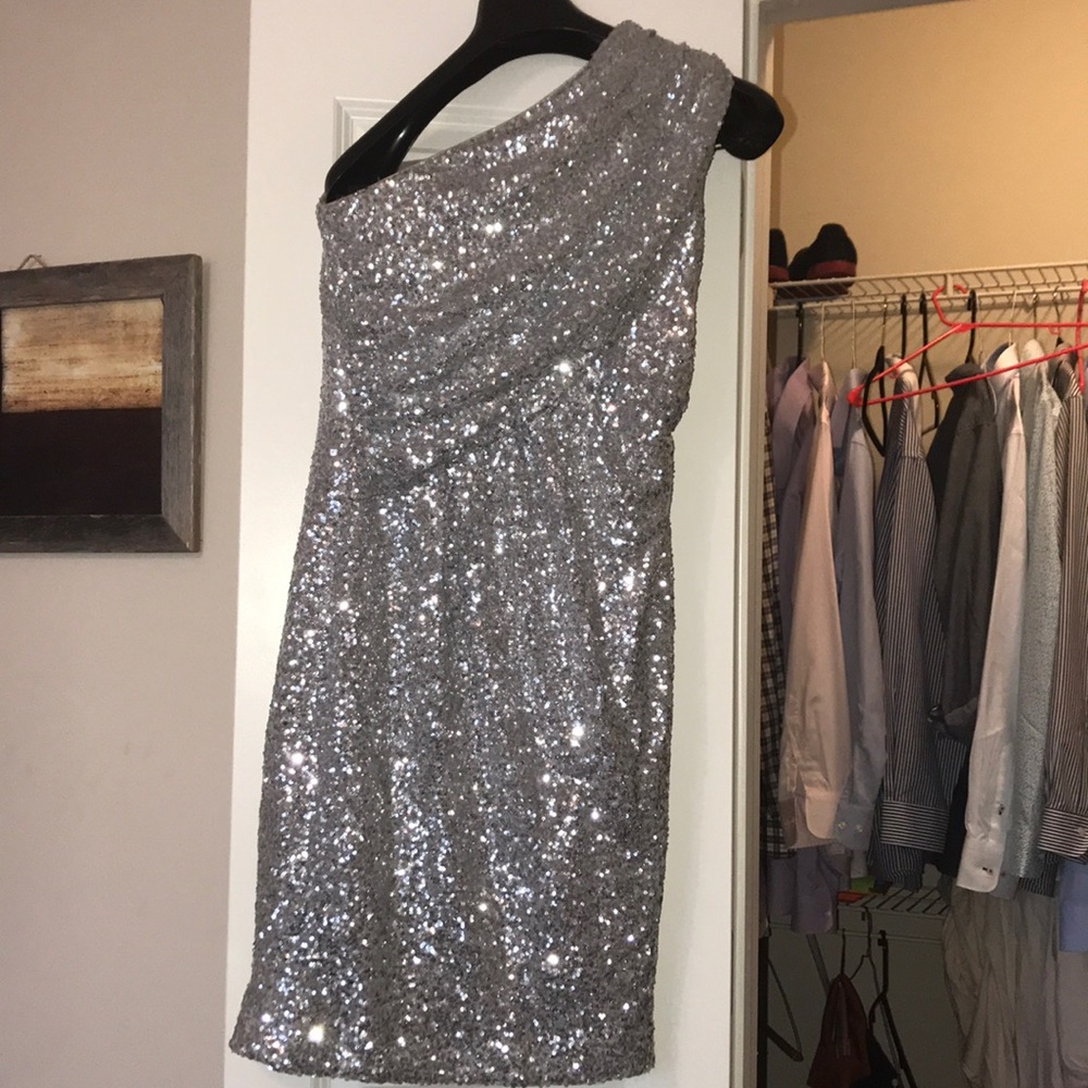 Calvin Klein one shoulder silver sequin dress